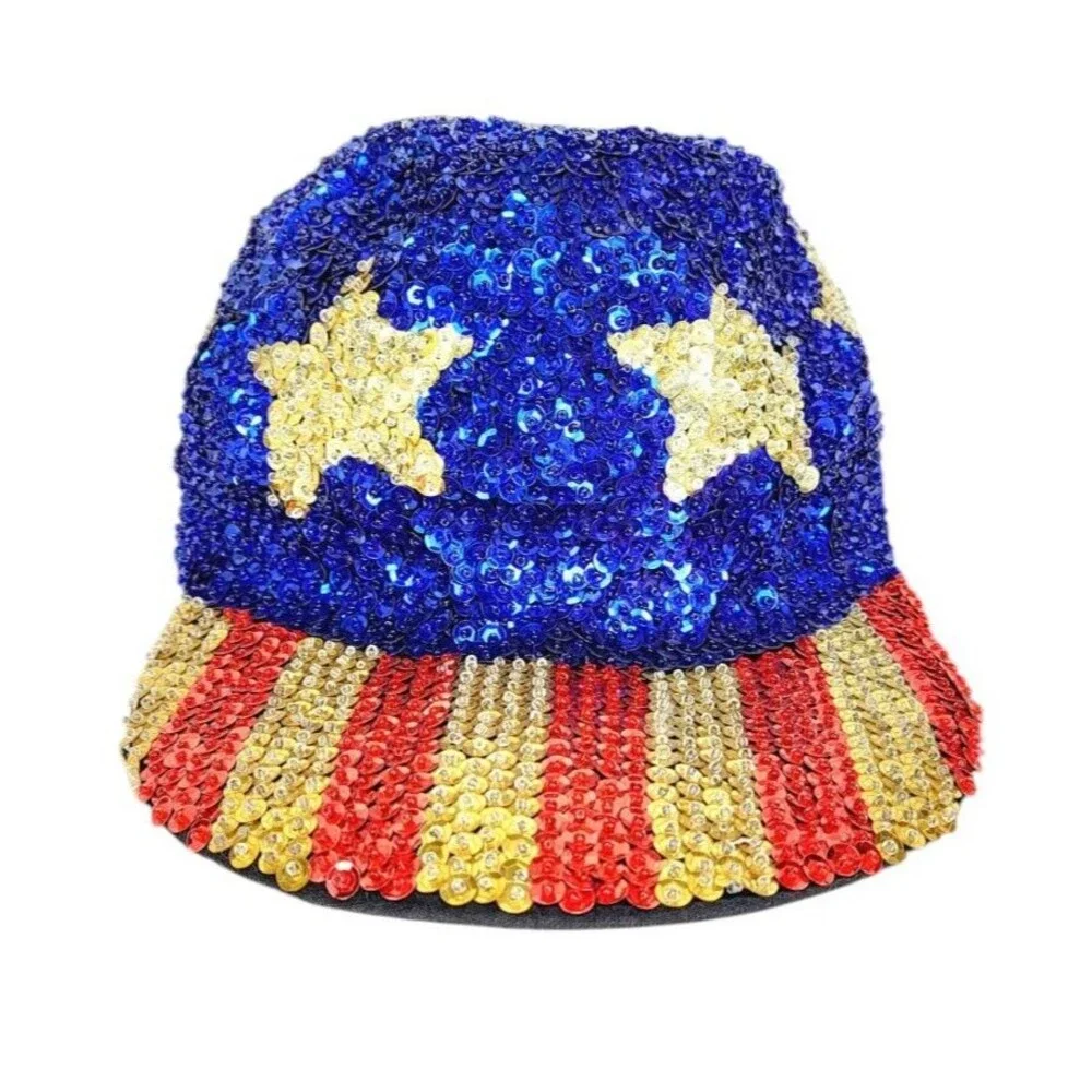 Vintage Beaded Sequined Gold Stars and Stripes Patriotic Blingy Flag Hat Adult - Picture 3 of 7